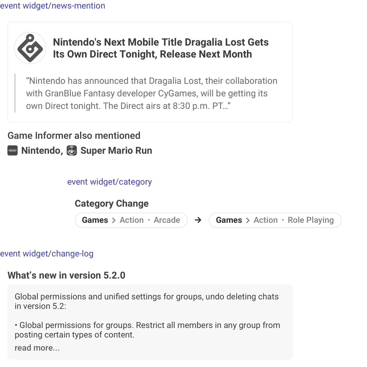 Wireframe exploration of reusable widgets for individual activity events.