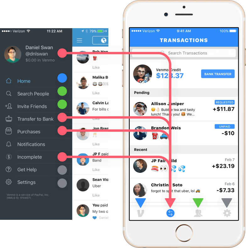 Comparison of the original Venmo menu drawer with the streamlined four-tab navigation.